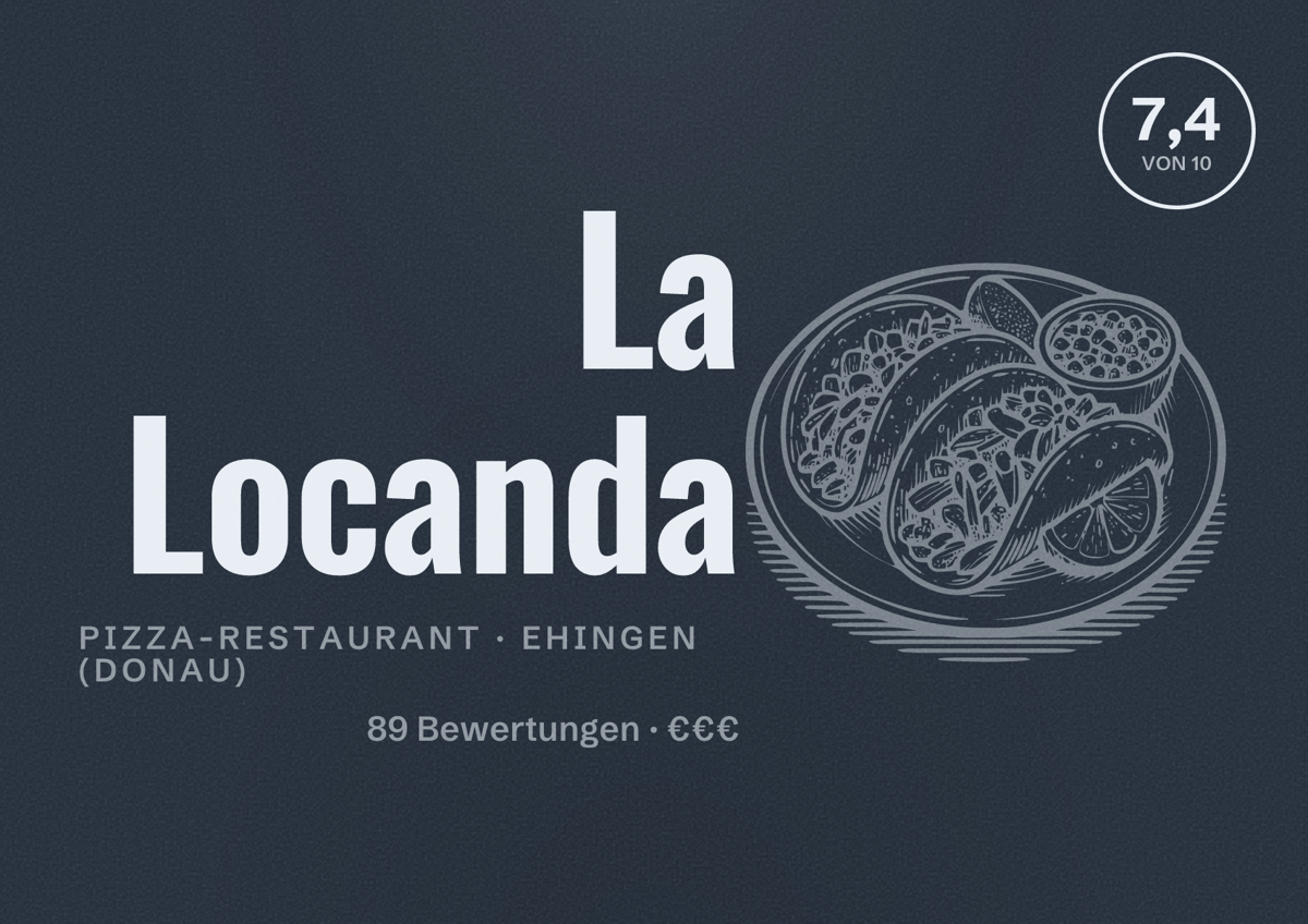 Illustriertes Poster von La Locanda, Pizza-Restaurant in Ehingen (Donau): Bewertung 7,4 von 10 aus 89 Bewertungen, Preisniveau €€€