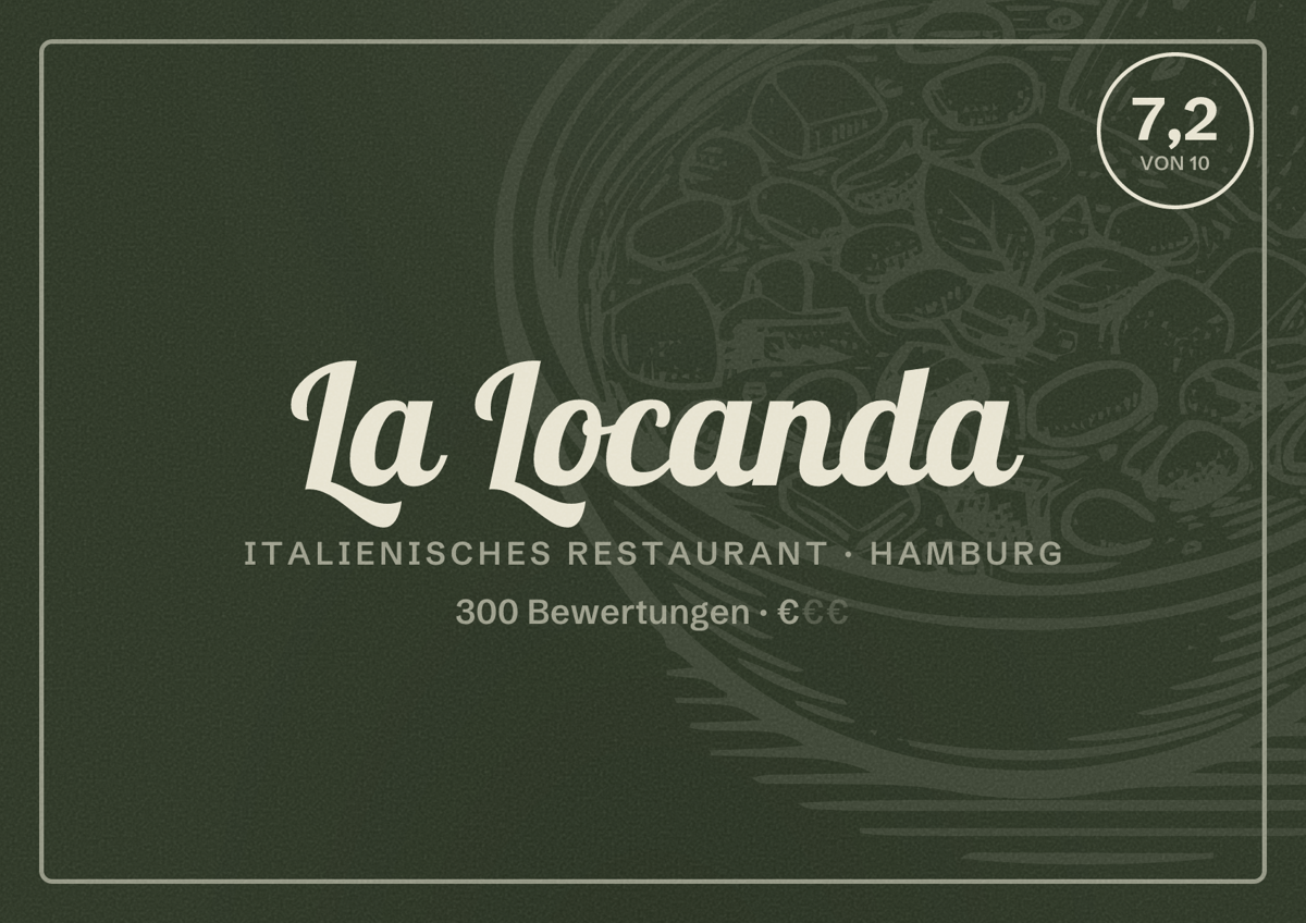 Illustriertes Poster von La Locanda, Italienisches Restaurant in Hamburg: Bewertung 7,2 von 10 aus 300 Bewertungen, Preisniveau €