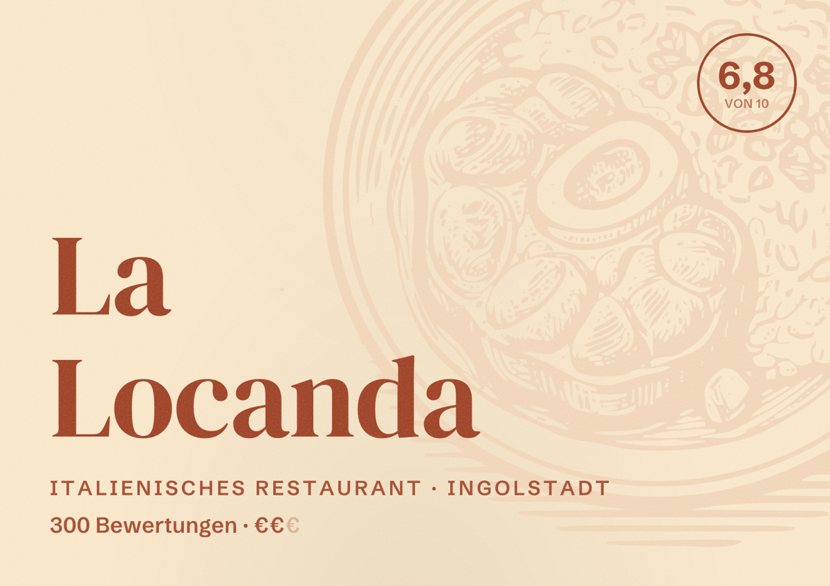 Illustriertes Poster von La Locanda, Italienisches Restaurant in Ingolstadt: Bewertung 6,8 von 10 aus 300 Bewertungen, Preisniveau €€