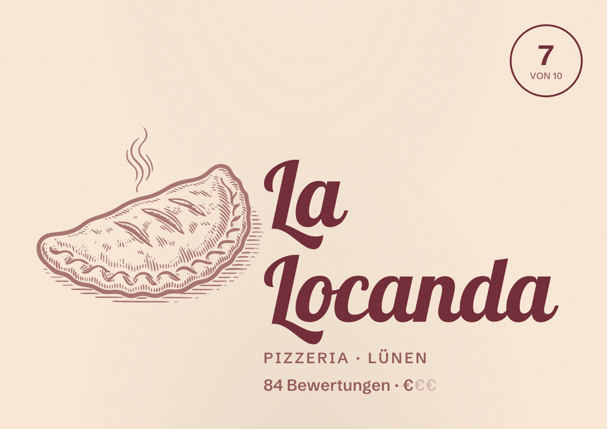 Illustriertes Poster von La Locanda, Pizzeria in Lünen: Bewertung 7,0 von 10 aus 84 Bewertungen, Preisniveau €