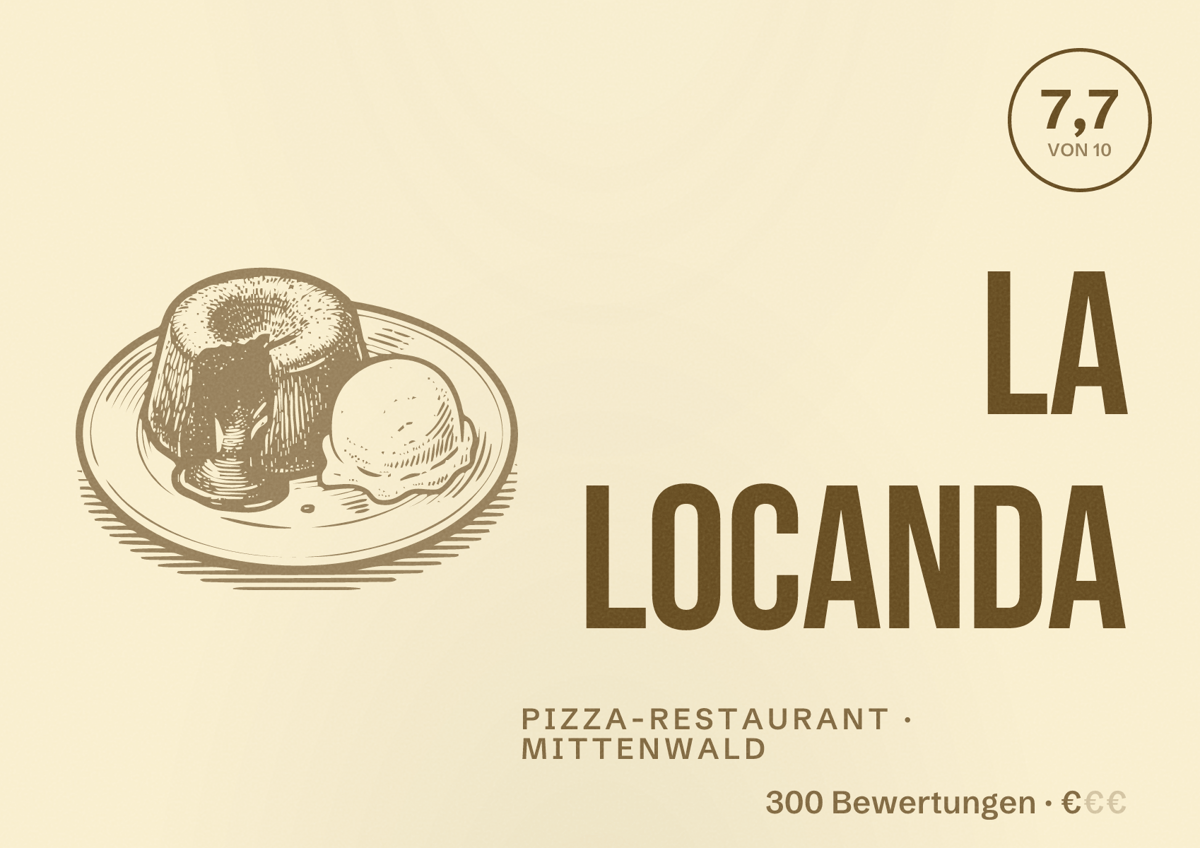 Illustriertes Poster von La Locanda, Pizza-Restaurant in Mittenwald: Bewertung 7,7 von 10 aus 300 Bewertungen, Preisniveau €