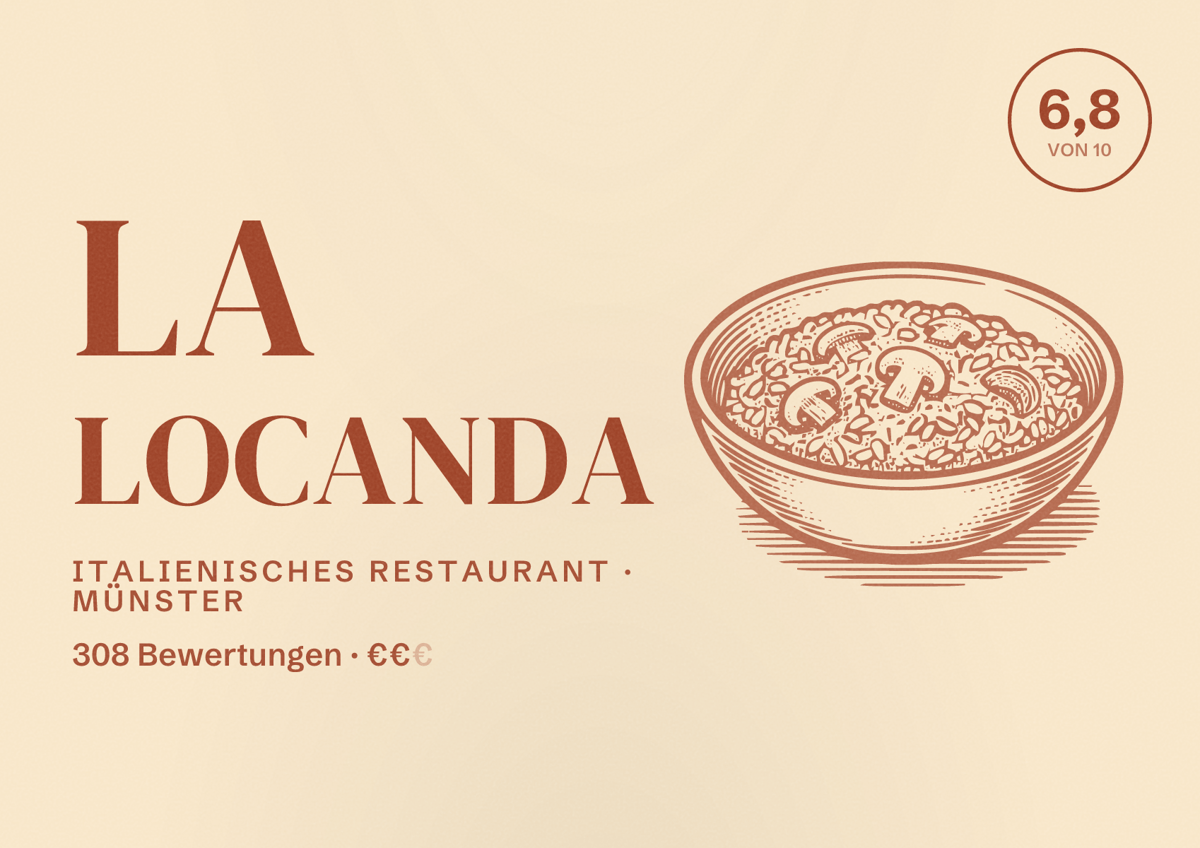 Illustriertes Poster von La Locanda, Italienisches Restaurant in Münster: Bewertung 6,8 von 10 aus 308 Bewertungen, Preisniveau €€