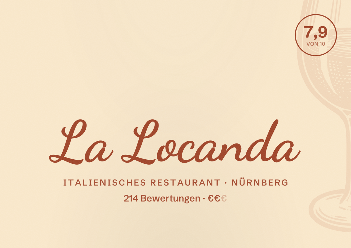 Illustriertes Poster von La Locanda, Italienisches Restaurant in Nürnberg: Bewertung 7,9 von 10 aus 214 Bewertungen, Preisniveau €€