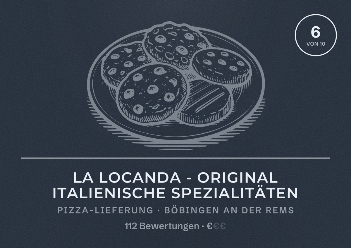 Illustriertes Poster von La Locanda - Original Italienische Spezialitäten, Pizza-Lieferung in Böbingen an der Rems: Bewertung 6 von 10 aus 112 Bewertungen, Preisniveau €