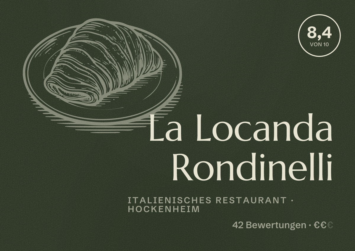 Illustriertes Poster von La Locanda Rondinelli, Italienisches Restaurant in Hockenheim: Bewertung 8,4 von 10 aus 42 Bewertungen, Preisniveau €€