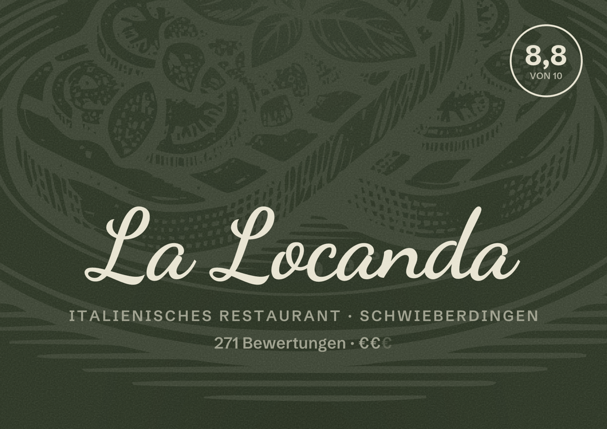Illustriertes Poster von La Locanda, Italienisches Restaurant in Schwieberdingen: Bewertung 8,8 von 10 aus 271 Bewertungen, Preisniveau €€
