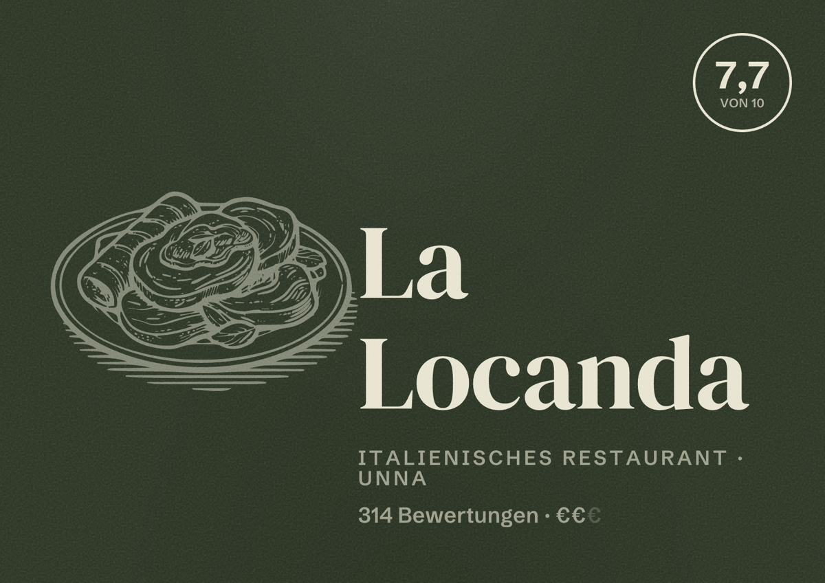 Illustriertes Poster von La Locanda, Italienisches Restaurant in Unna: Bewertung 7,7 von 10 aus 314 Bewertungen, Preisniveau €€