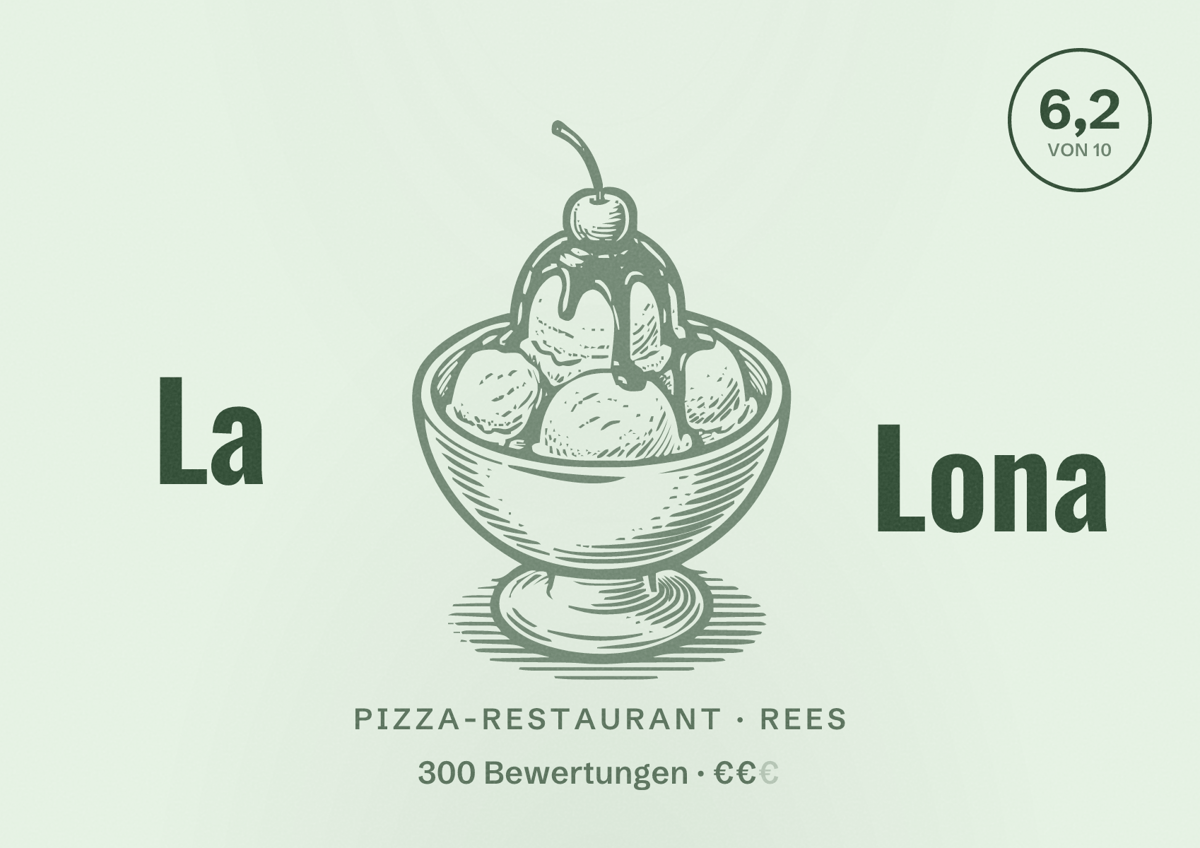 Illustriertes Poster von La Lona, Pizza-Restaurant in Rees: Bewertung 6,2 von 10 aus 300 Bewertungen, Preisniveau €€