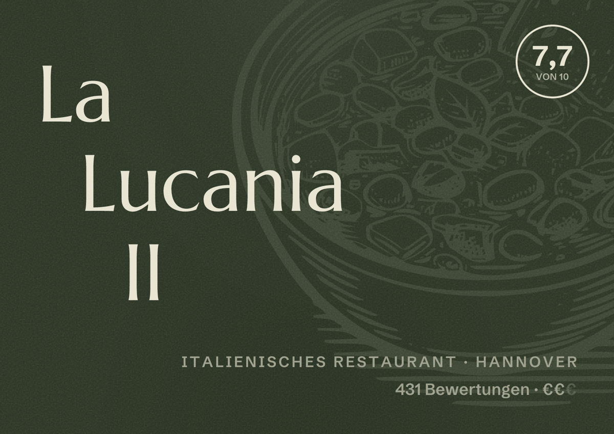Illustriertes Poster von La Lucania II, Italienisches Restaurant in Hannover: Bewertung 7,7 von 10 aus 431 Bewertungen, Preisniveau €€