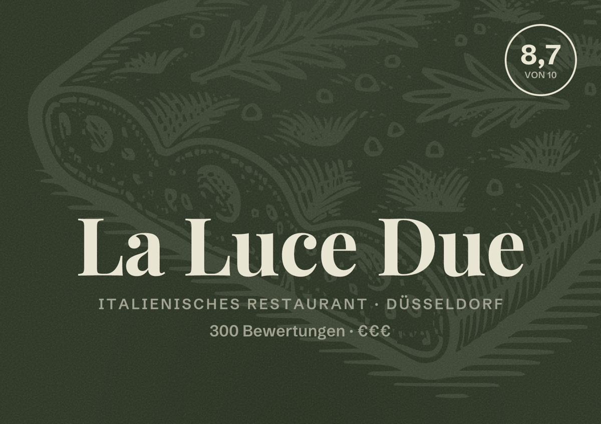 Illustriertes Poster von La Luce Due, Italienisches Restaurant in Düsseldorf: Bewertung 8,7 von 10 aus 300 Bewertungen, Preisniveau €€€