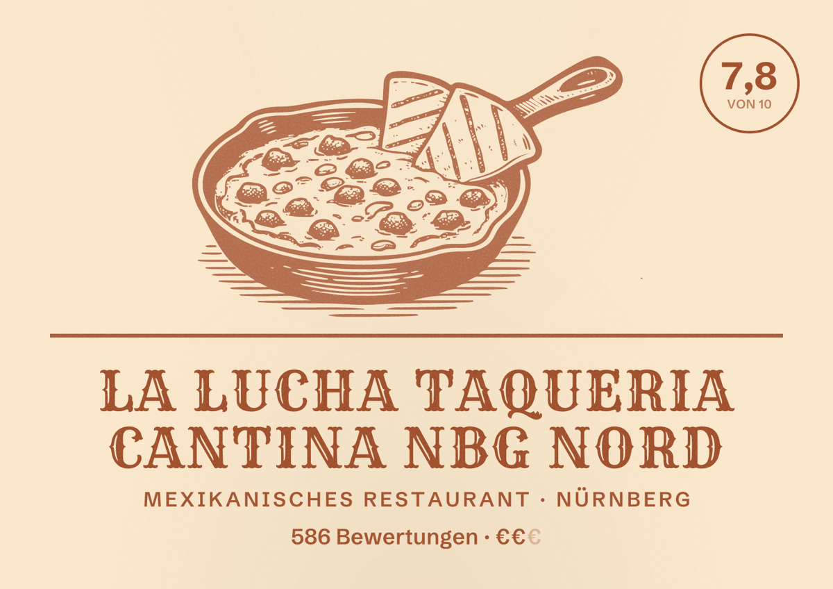 Illustriertes Poster von La Lucha Taqueria Cantina Nbg Nord, Mexikanisches Restaurant in Nürnberg: Bewertung 7,8 von 10 aus 586 Bewertungen, Preisniveau €€
