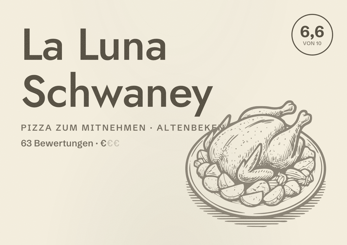 Illustriertes Poster von La Luna Schwaney, Pizza zum Mitnehmen in Altenbeken: Bewertung 6,6 von 10 aus 63 Bewertungen, Preisniveau €