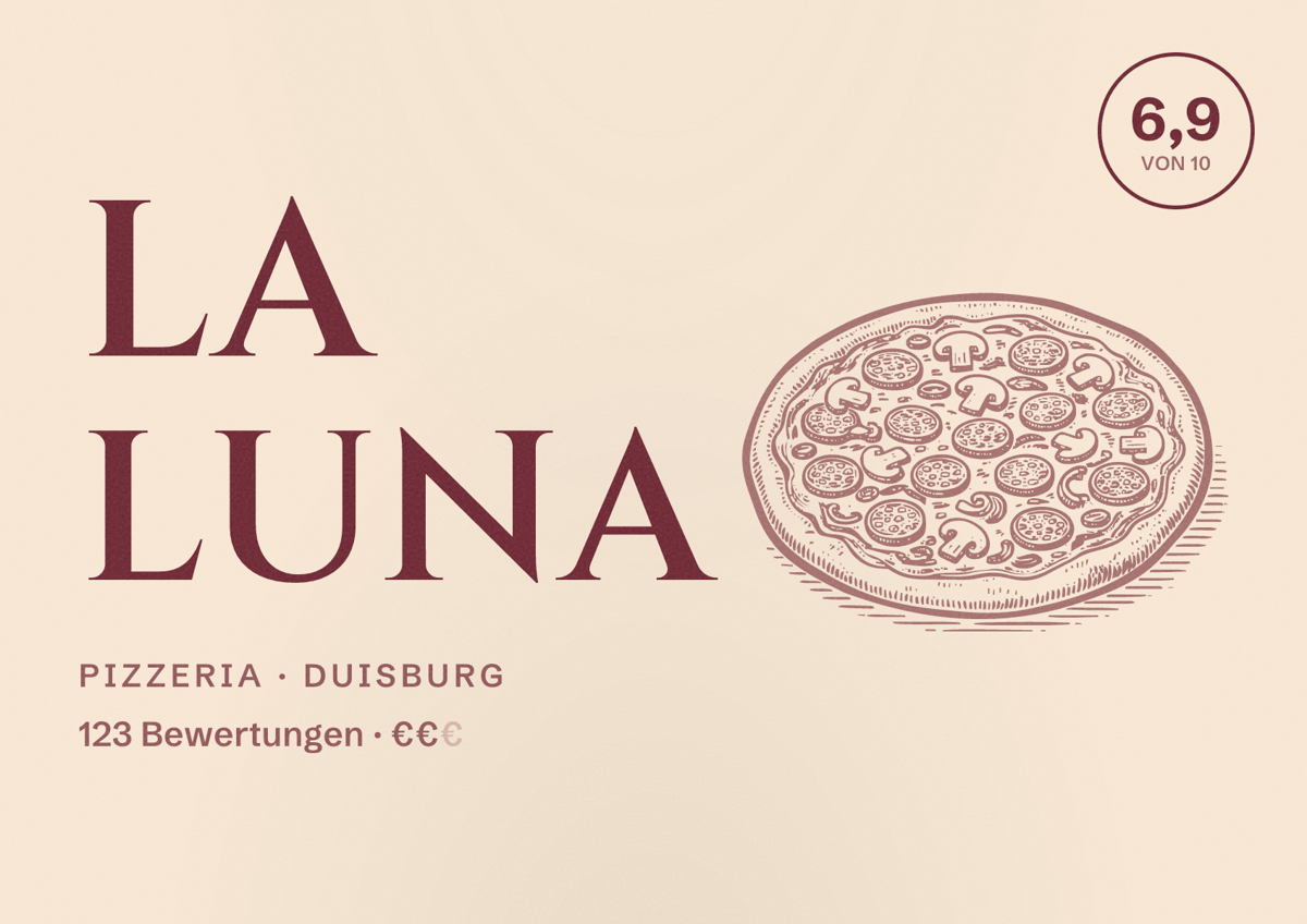 Illustriertes Poster von La Luna, Pizzeria in Duisburg: Bewertung 6,9 von 10 aus 123 Bewertungen, Preisniveau €€
