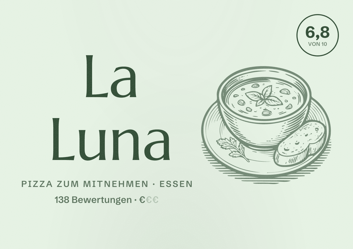 Illustriertes Poster von La Luna, Pizza zum Mitnehmen in Essen: Bewertung 6,8 von 10 aus 138 Bewertungen, Preisniveau €