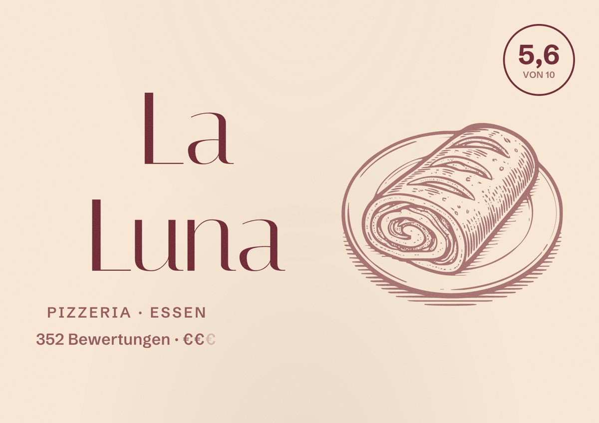 Illustriertes Poster von La Luna, Pizzeria in Essen: Bewertung 5,6 von 10 aus 352 Bewertungen, Preisniveau €€