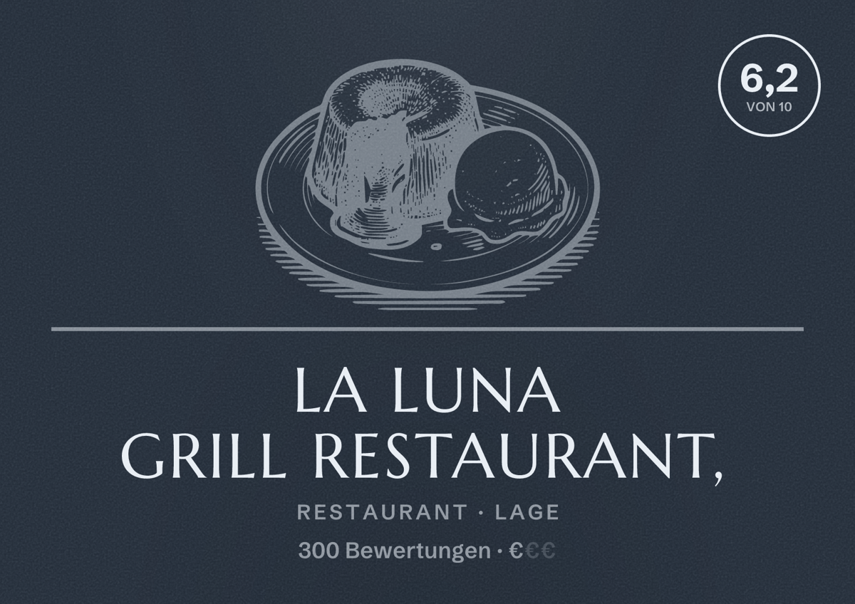 Illustriertes Poster von La Luna Grill Restaurant,, Restaurant in Lage: Bewertung 6,2 von 10 aus 300 Bewertungen, Preisniveau €