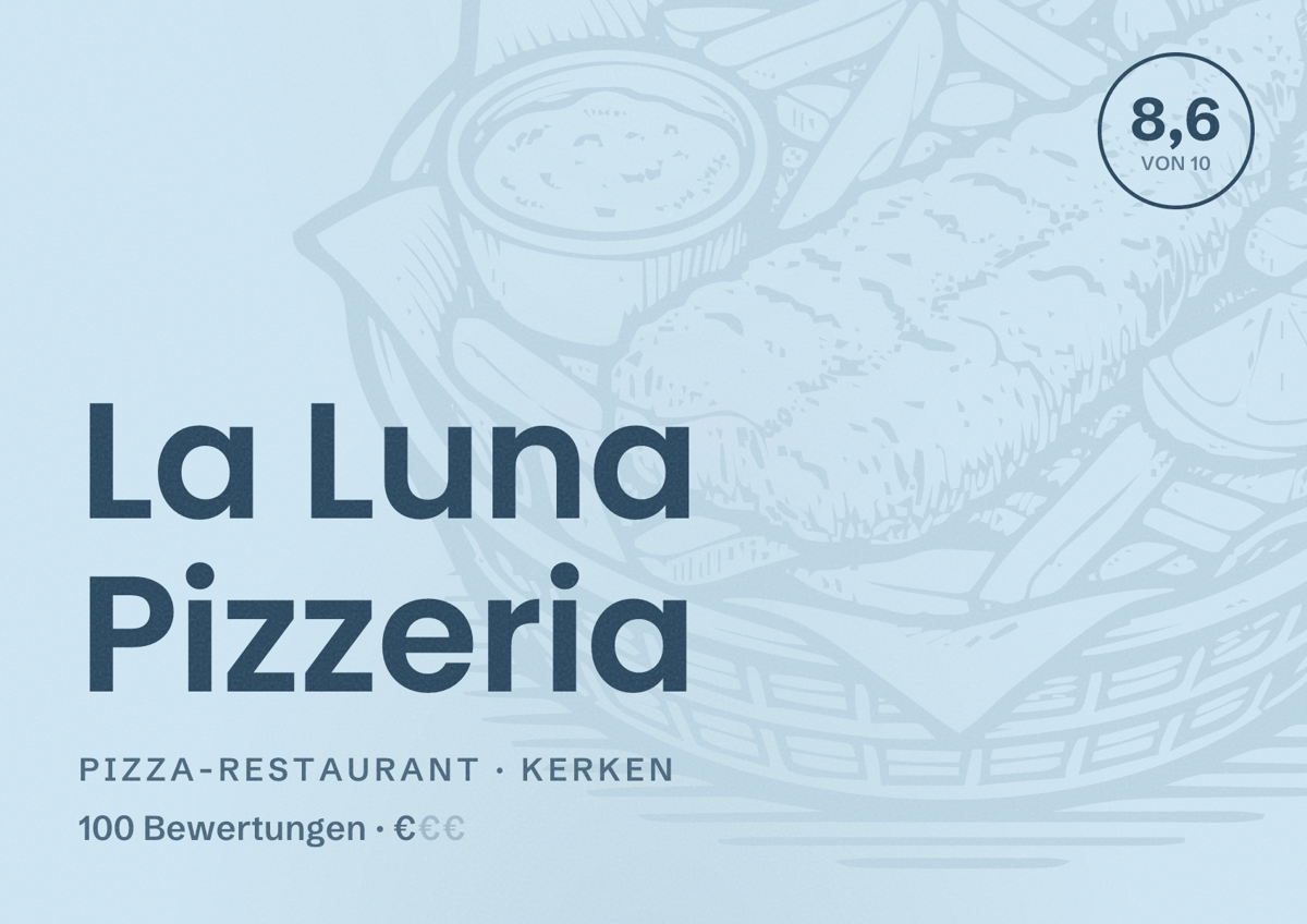 Illustriertes Poster von La Luna Pizzeria, Pizza-Restaurant in Kerken: Bewertung 8,6 von 10 aus 100 Bewertungen, Preisniveau €
