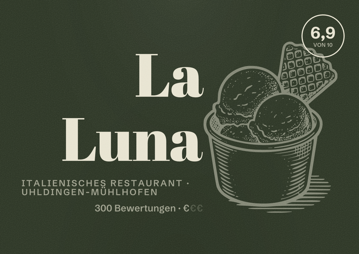 Illustriertes Poster von La Luna, Italienisches Restaurant in Uhldingen-Mühlhofen: Bewertung 6,9 von 10 aus 300 Bewertungen, Preisniveau €
