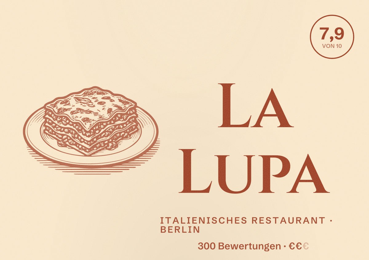Illustriertes Poster von La Lupa, Italienisches Restaurant in Berlin: Bewertung 7,9 von 10 aus 300 Bewertungen, Preisniveau €€