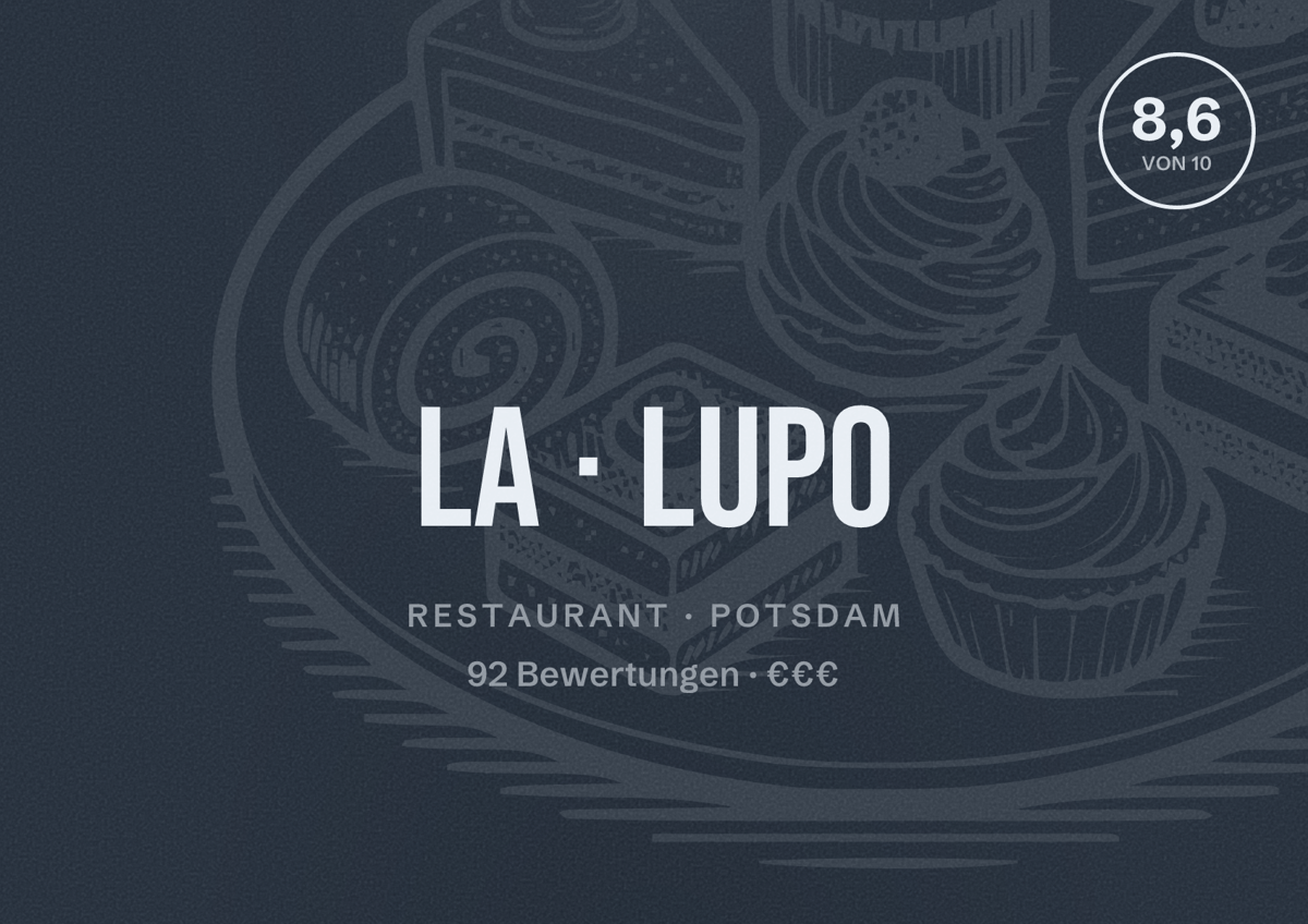 Illustriertes Poster von La Lupo, Restaurant in Potsdam: Bewertung 8,6 von 10 aus 92 Bewertungen, Preisniveau €€€
