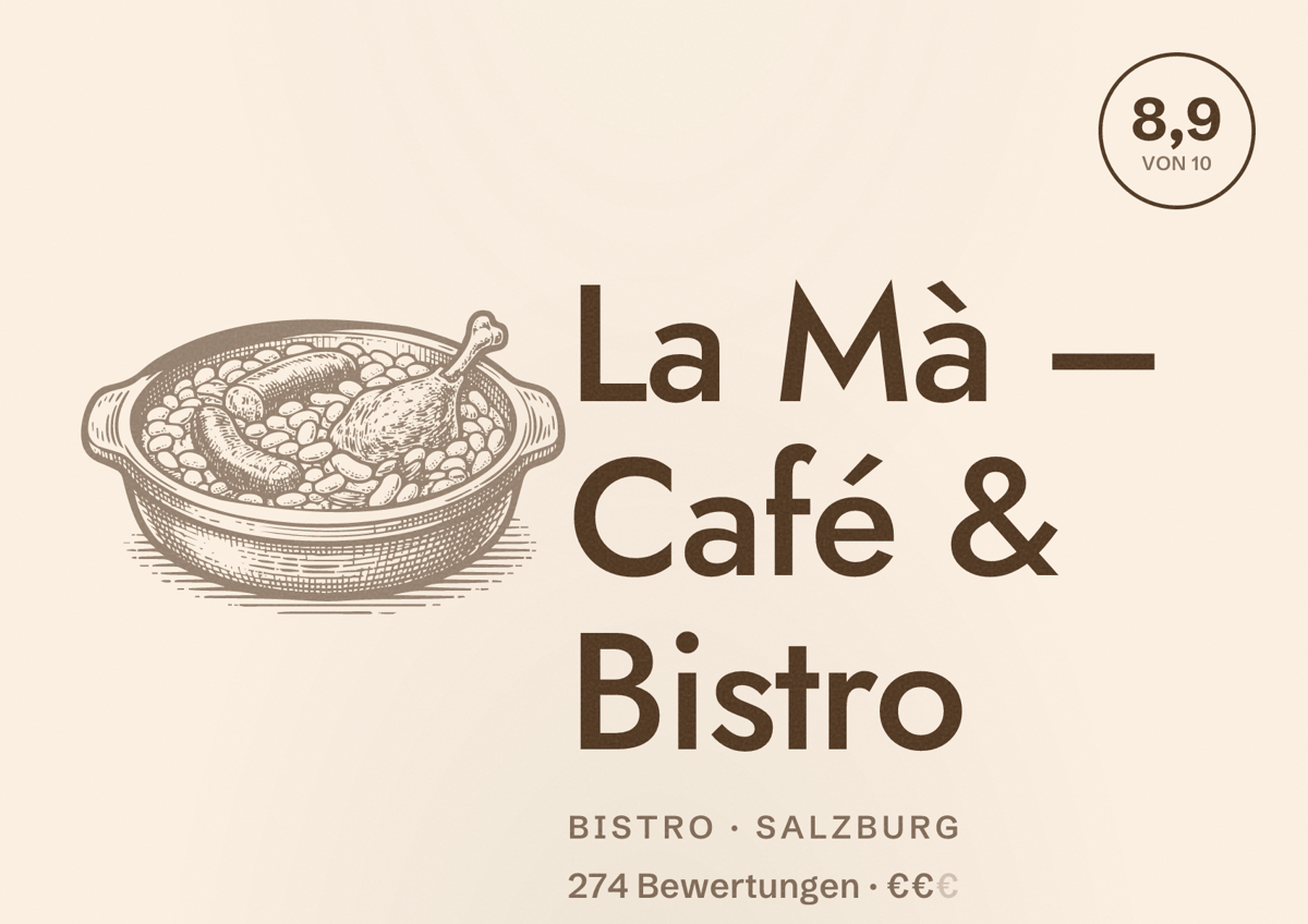 Illustriertes Poster von La Mà – Café & Bistro, Bistro in Salzburg: Bewertung 8,9 von 10 aus 274 Bewertungen, Preisniveau €€