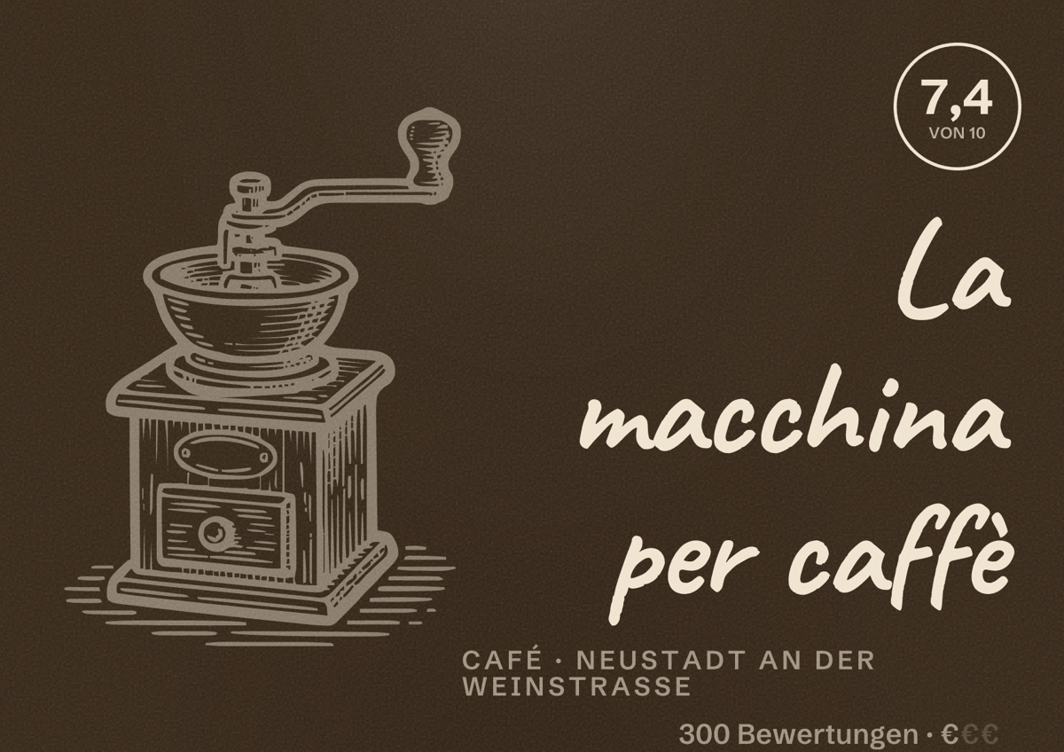 Illustriertes Poster von La macchina per caffè, Café in Neustadt an der Weinstraße: Bewertung 7,4 von 10 aus 300 Bewertungen, Preisniveau €