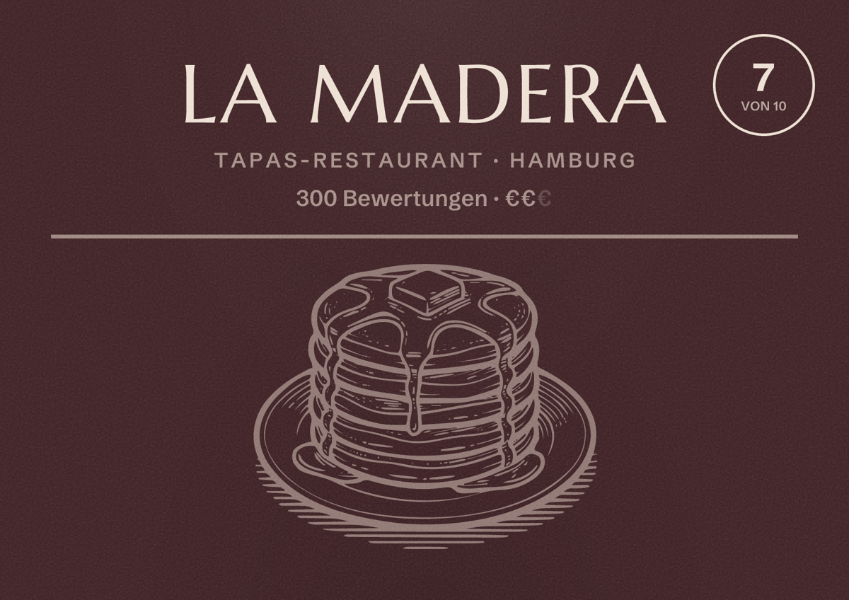 Illustriertes Poster von La Madera, Tapas-Restaurant in Hamburg: Bewertung 7,0 von 10 aus 300 Bewertungen, Preisniveau €€