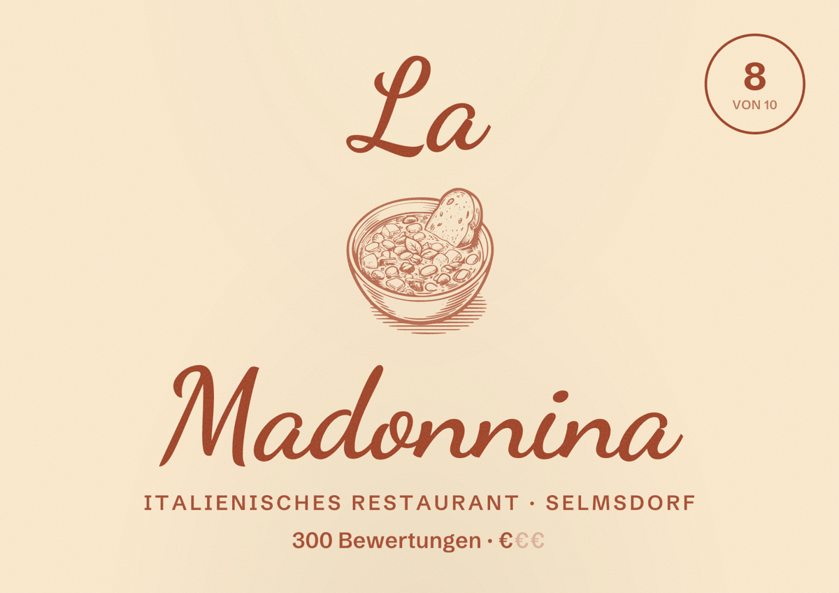 Illustriertes Poster von La Madonnina, Italienisches Restaurant in Selmsdorf: Bewertung 8 von 10 aus 300 Bewertungen, Preisniveau €