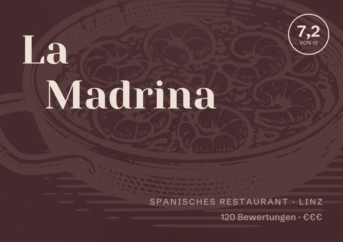 Illustriertes Poster von La Madrina, Spanisches Restaurant in Linz: Bewertung 7,2 von 10 aus 120 Bewertungen, Preisniveau €€€