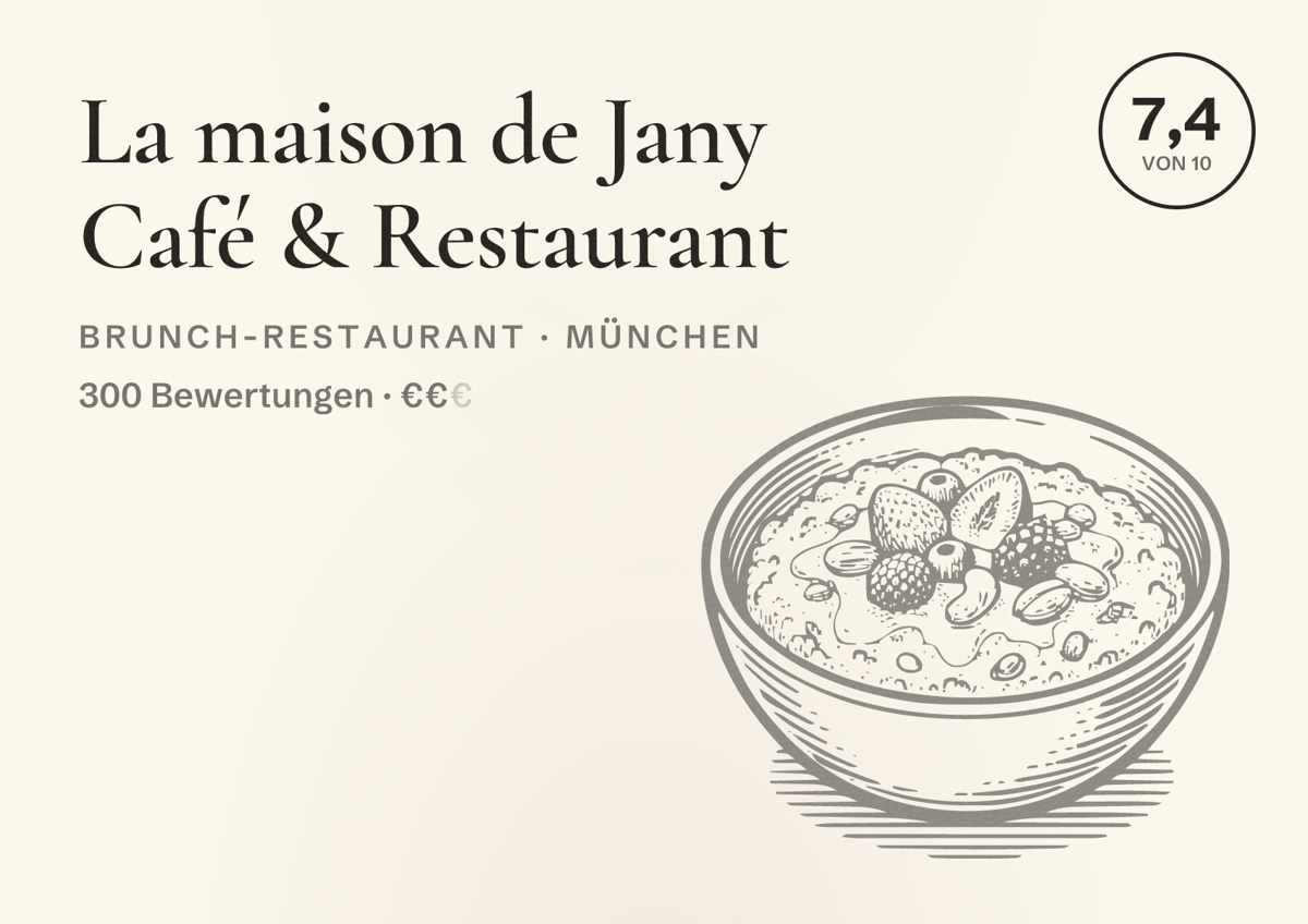 Illustriertes Poster von La maison de Jany Café & Restaurant, Brunch-Restaurant in München: Bewertung 7,4 von 10 aus 300 Bewertungen, Preisniveau €€