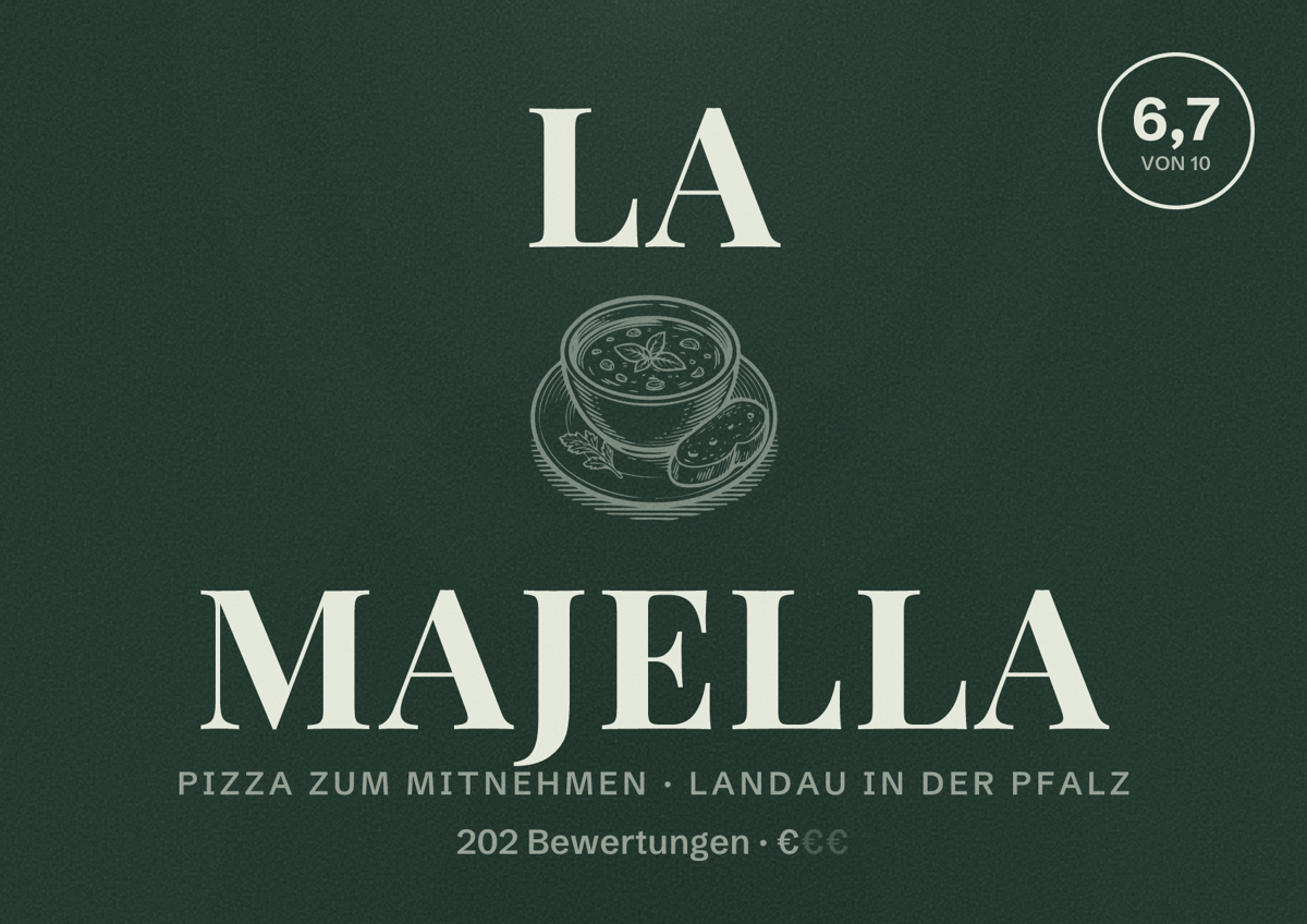 Illustriertes Poster von La Majella, Pizza zum Mitnehmen in Landau in der Pfalz: Bewertung 6,7 von 10 aus 202 Bewertungen, Preisniveau €