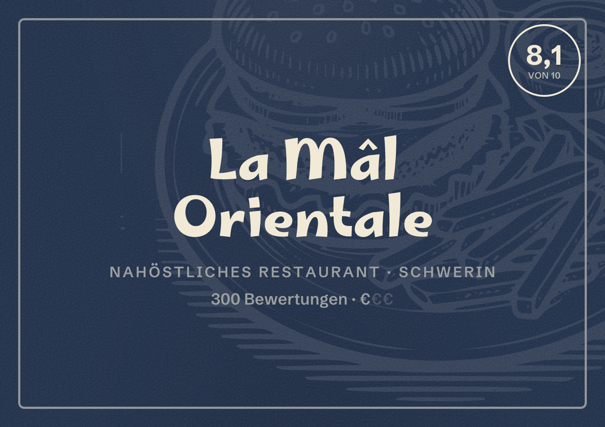 Illustriertes Poster von La Mâl Orientale, Nahöstliches Restaurant in Schwerin: Bewertung 8,1 von 10 aus 300 Bewertungen, Preisniveau €