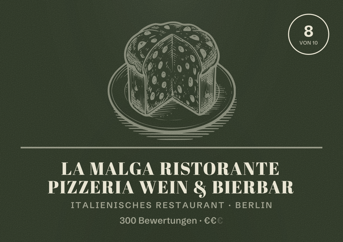 Illustriertes Poster von La Malga Ristorante Pizzeria Wein & Bierbar, Italienisches Restaurant in Berlin: Bewertung 8,0 von 10 aus 300 Bewertungen, Preisniveau €€