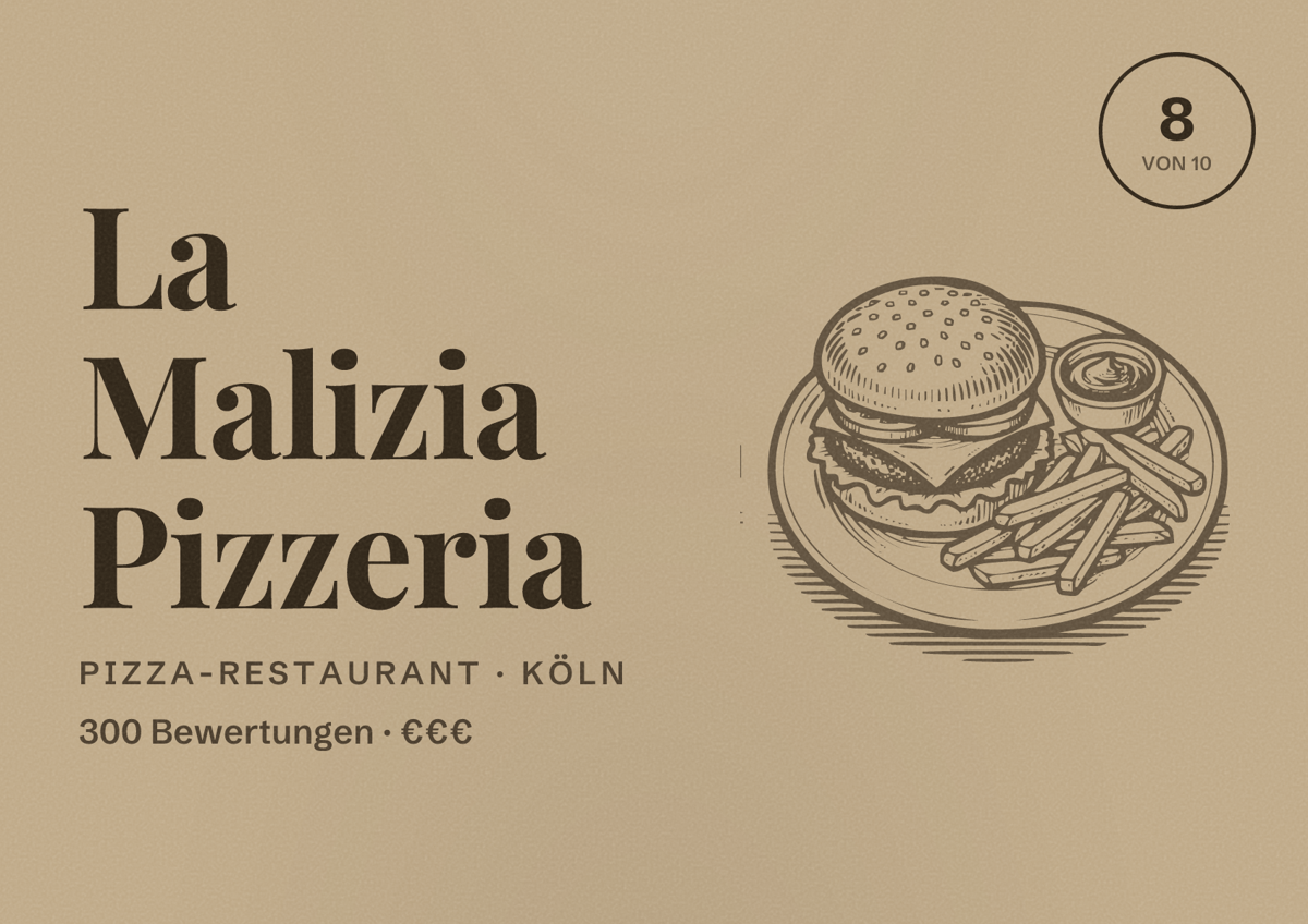 Illustriertes Poster von La Malizia Pizzeria, Pizza-Restaurant in Köln: Bewertung 8,0 von 10 aus 300 Bewertungen, Preisniveau €€€