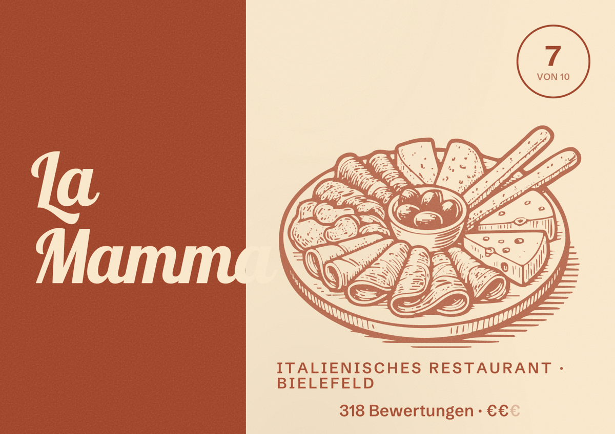 Illustriertes Poster von La Mamma, Italienisches Restaurant in Bielefeld: Bewertung 7 von 10 aus 318 Bewertungen, Preisniveau €€