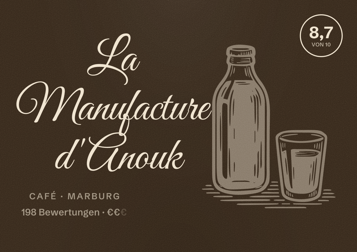 Illustriertes Poster von La Manufacture d'Anouk, Café in Marburg: Bewertung 8,7 von 10 aus 198 Bewertungen, Preisniveau €€
