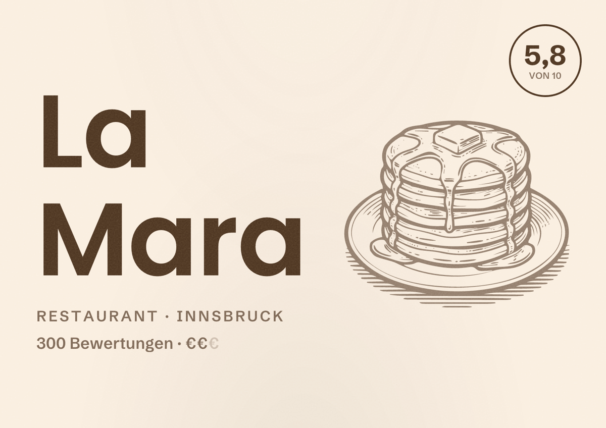 Illustriertes Poster von La Mara, Restaurant in Innsbruck: Bewertung 5,8 von 10 aus 300 Bewertungen, Preisniveau €€