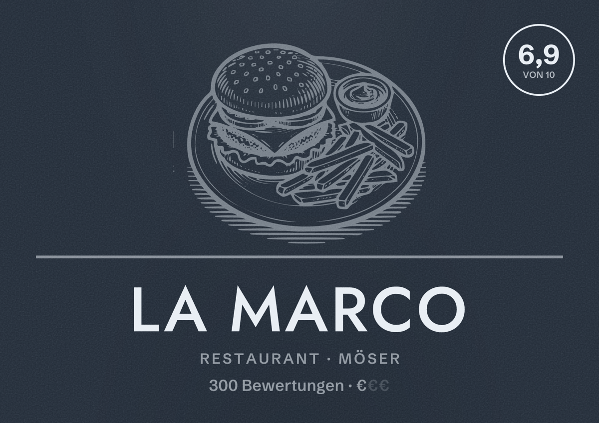 Illustriertes Poster von La Marco, Restaurant in Möser: Bewertung 6,9 von 10 aus 300 Bewertungen, Preisniveau €