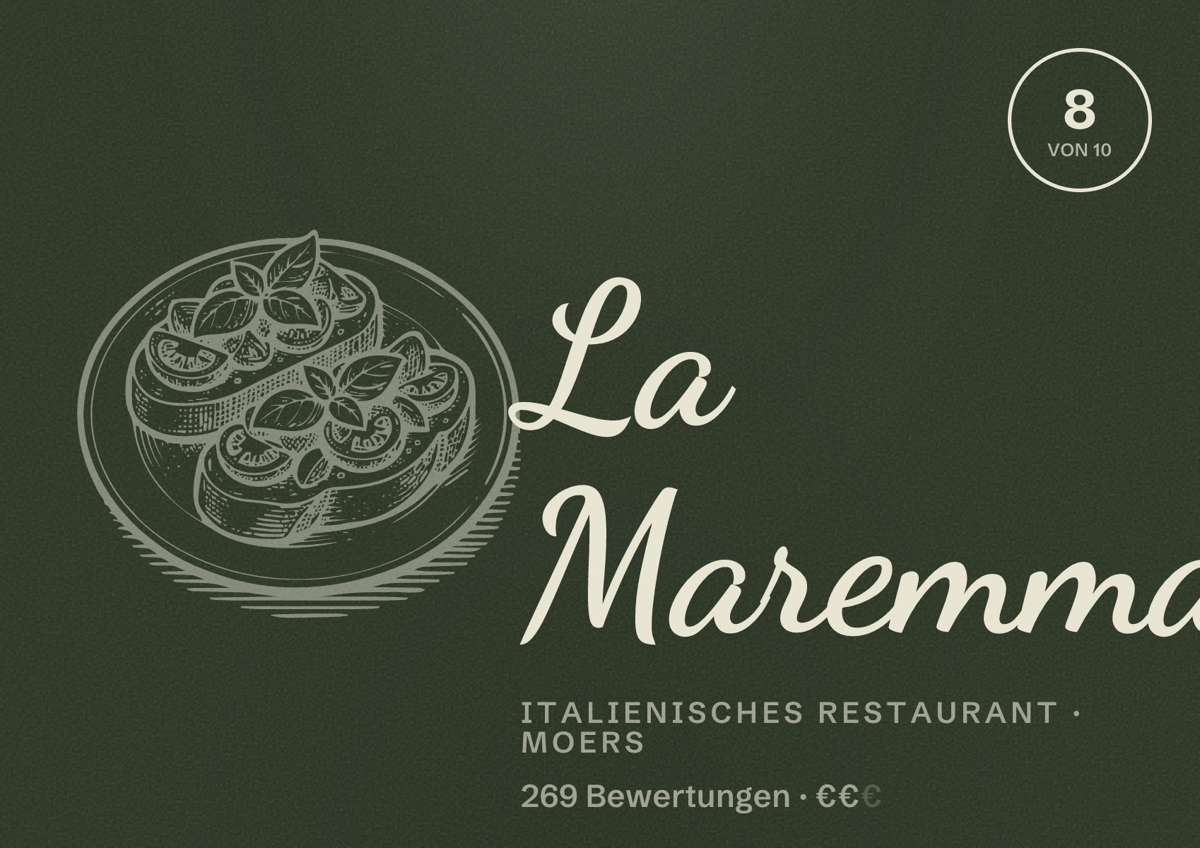 Illustriertes Poster von La Maremma, Italienisches Restaurant in Moers: Bewertung 8 von 10 aus 269 Bewertungen, Preisniveau €€