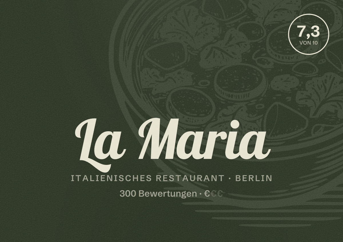 Illustriertes Poster von La Maria, Italienisches Restaurant in Berlin: Bewertung 7,3 von 10 aus 300 Bewertungen, Preisniveau €