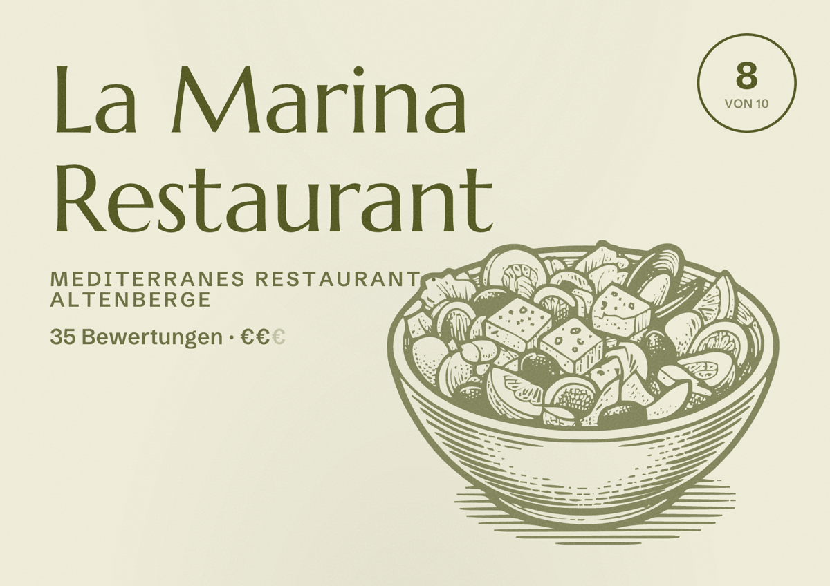 Illustriertes Poster von La Marina Restaurant, Mediterranes Restaurant in Altenberge: Bewertung 8 von 10 aus 35 Bewertungen, Preisniveau €€