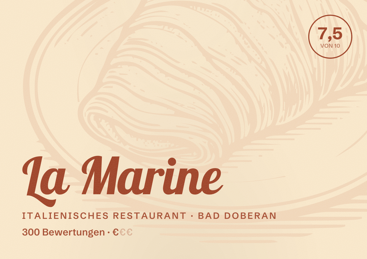 Illustriertes Poster von La Marine, Italienisches Restaurant in Bad Doberan: Bewertung 7,5 von 10 aus 300 Bewertungen, Preisniveau €