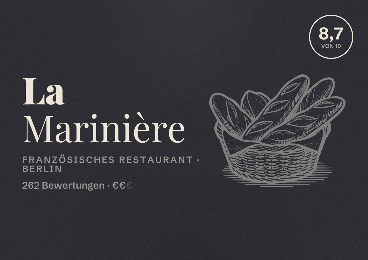 Illustriertes Poster von La Marinière, Französisches Restaurant in Berlin: Bewertung 8,7 von 10 aus 262 Bewertungen, Preisniveau €€