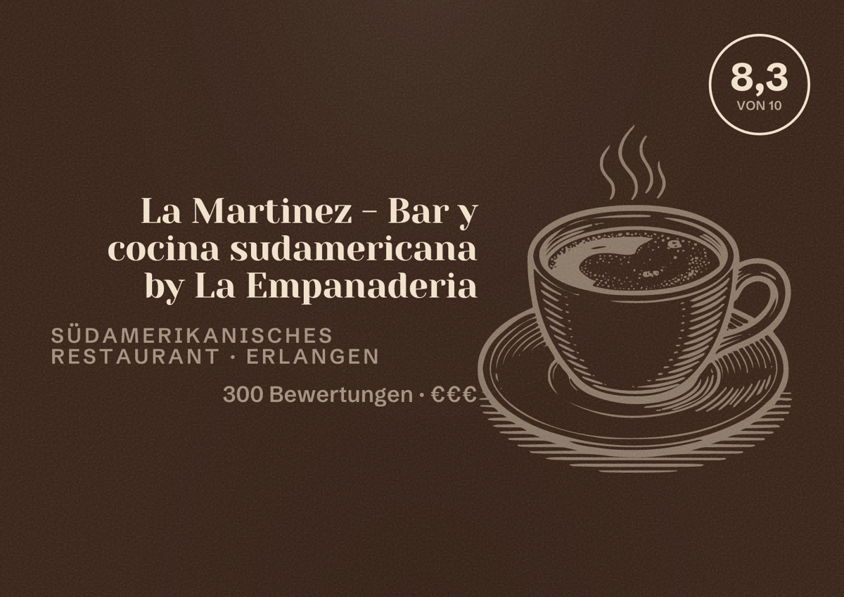 Illustriertes Poster von La Martinez - Bar y cocina sudamericana by La Empanaderia, Südamerikanisches Restaurant in Erlangen: Bewertung 8,3 von 10 aus 300 Bewertungen, Preisniveau €€€
