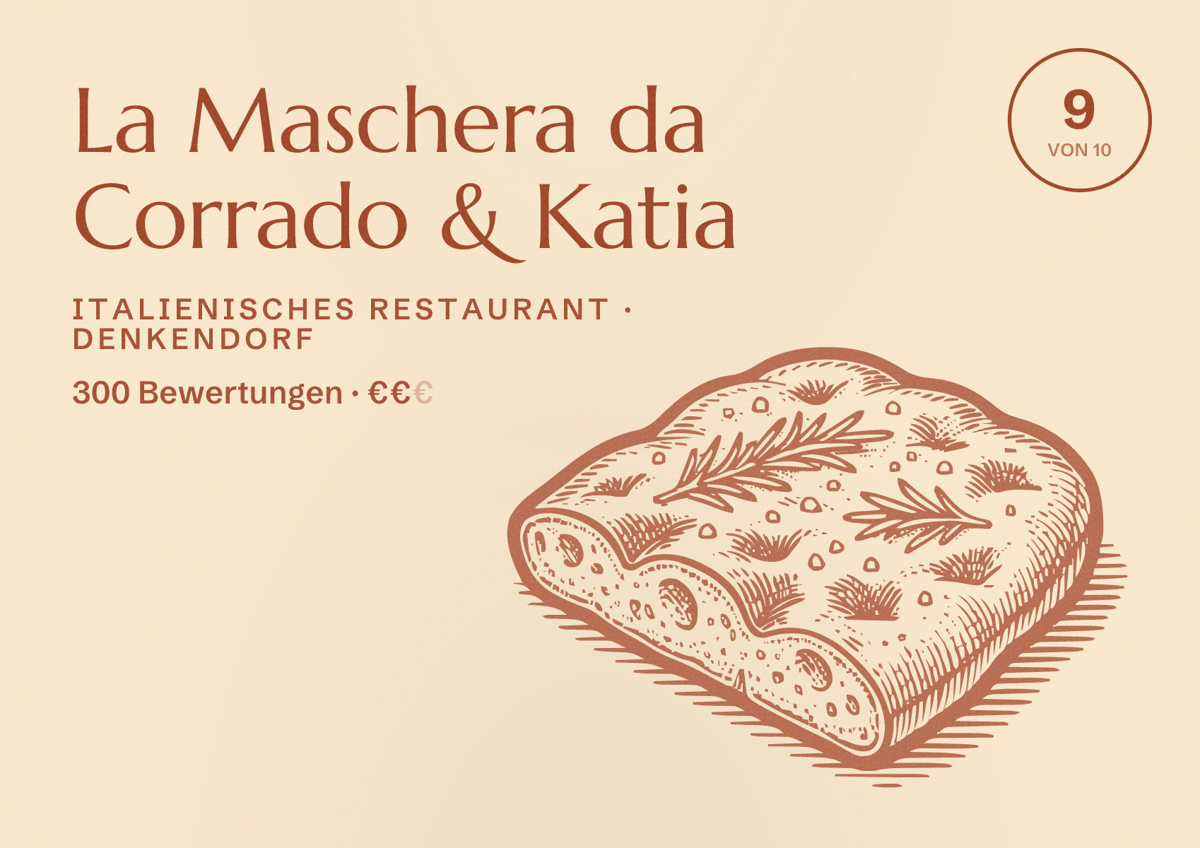 Illustriertes Poster von La Maschera da Corrado & Katia, Italienisches Restaurant in Denkendorf: Bewertung 9 von 10 aus 300 Bewertungen, Preisniveau €€