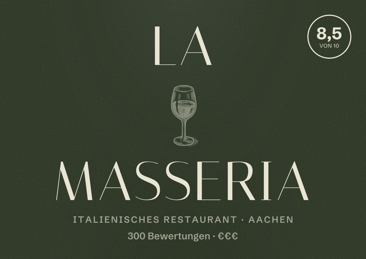 Illustriertes Poster von La Masseria, Italienisches Restaurant in Aachen: Bewertung 8,5 von 10 aus 300 Bewertungen, Preisniveau €€€