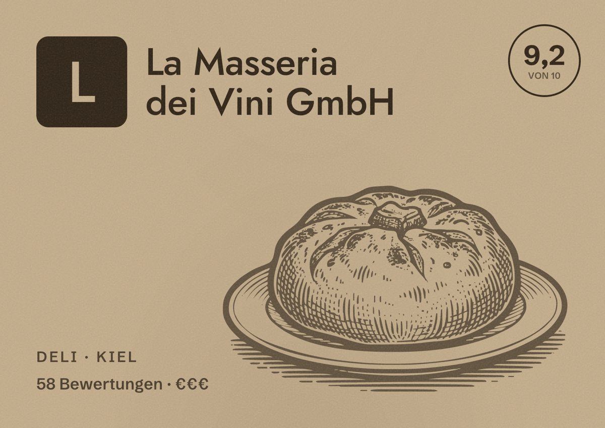 Illustriertes Poster von La Masseria dei Vini GmbH, Deli in Kiel: Bewertung 9,2 von 10 aus 58 Bewertungen, Preisniveau €€€