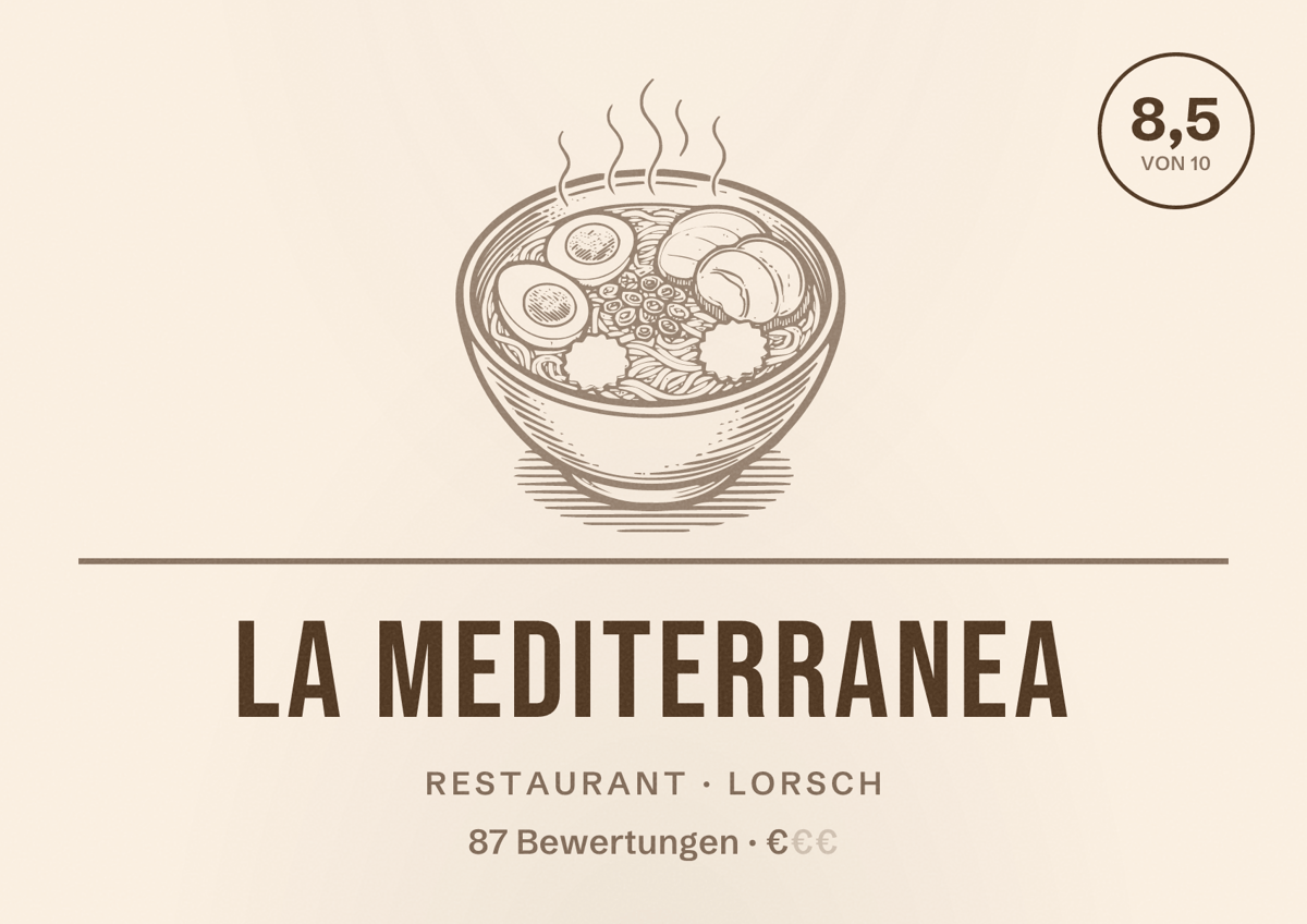 Illustriertes Poster von La Mediterranea, Restaurant in Lorsch: Bewertung 8,5 von 10 aus 87 Bewertungen, Preisniveau €
