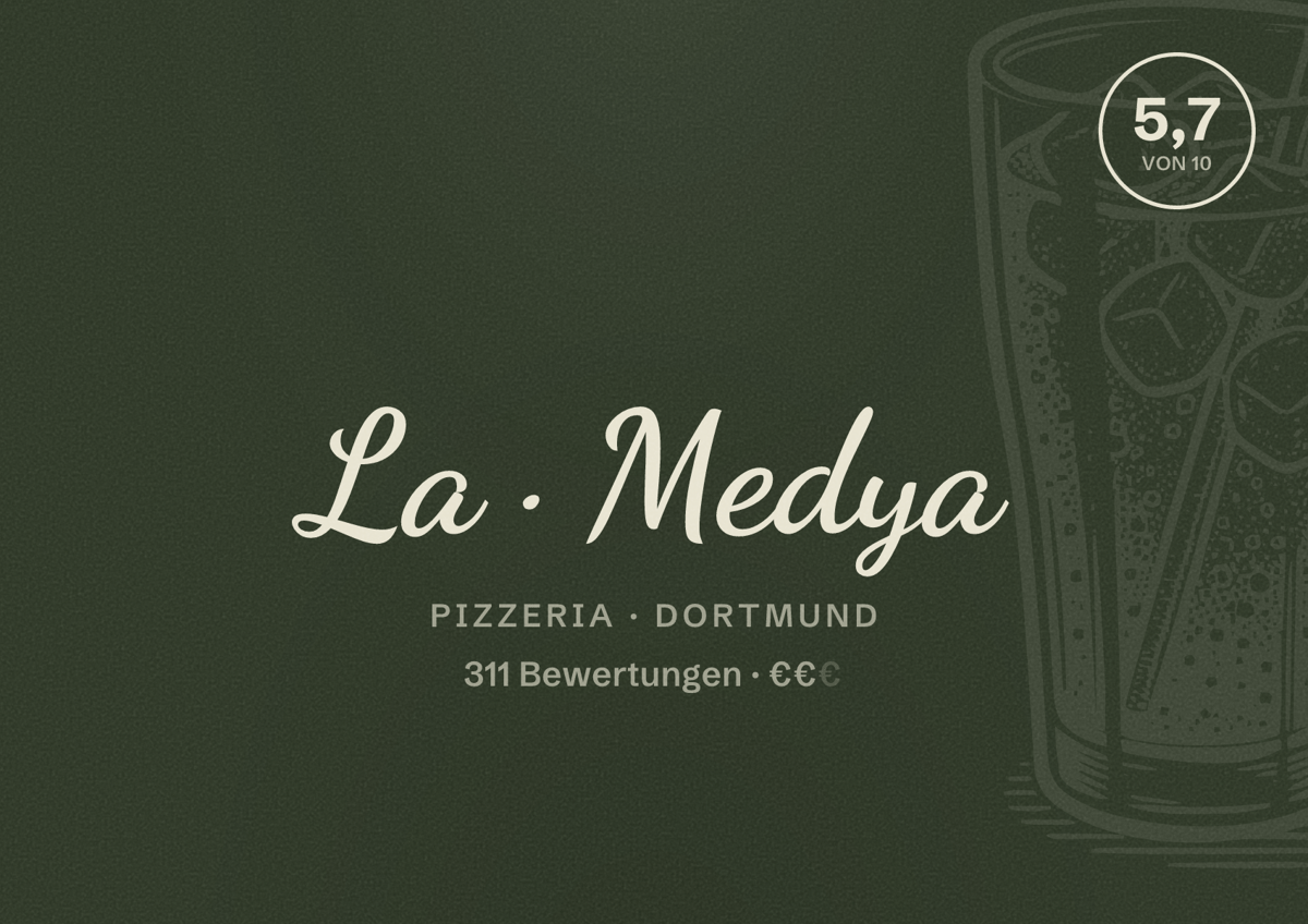 Illustriertes Poster von La Medya, Pizzeria in Dortmund: Bewertung 5,7 von 10 aus 311 Bewertungen, Preisniveau €€