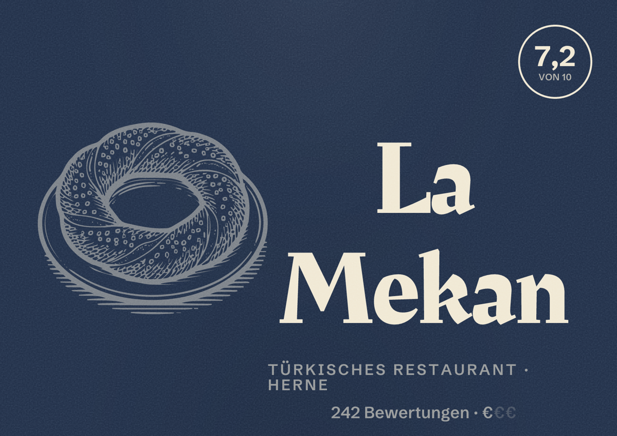 Illustriertes Poster von La Mekan, Türkisches Restaurant in Herne: Bewertung 7,2 von 10 aus 242 Bewertungen, Preisniveau €